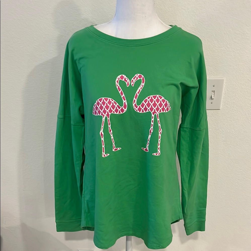 Crown  Ivy Green Long Sleeve Tee With Flamingo Graphic